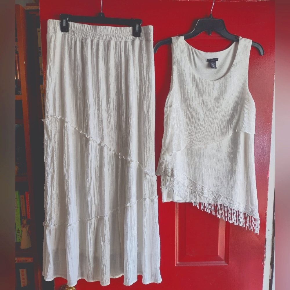 White gauze skirt and a white gauze sleeveless top